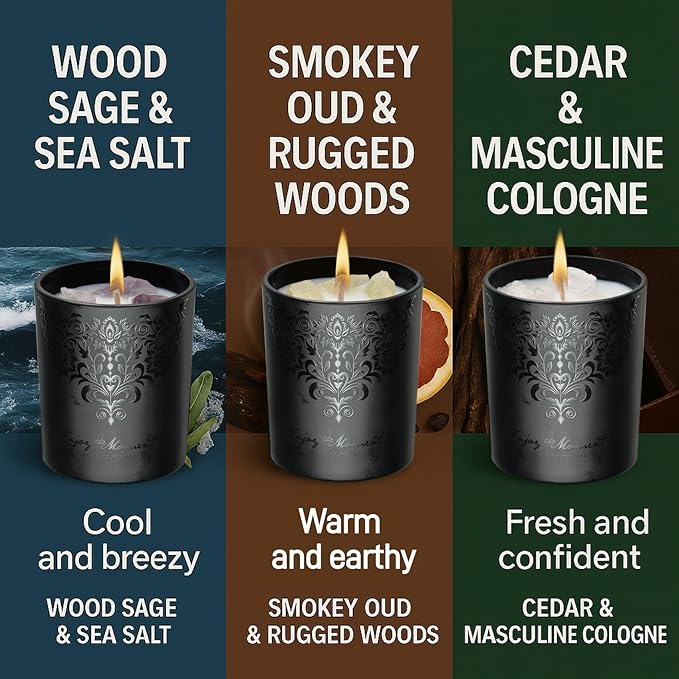 Luxury Black Scented Candles Gift Set for Men – 3x7oz Soy & Beeswax Crystal Candles with Wick Trimmer & Snuffer Lid, Aromatherapy Candles for Home Scented, Masculine Gift for Men & Women - Bloomnest