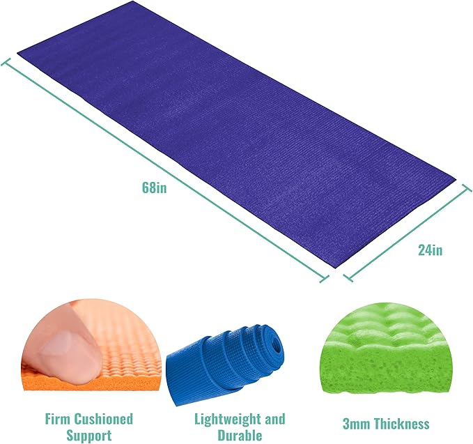 10 Pack Economy Yoga Mat, 68" x 24" Non Slip Exercise Mat, 3mm Thick Gym Mat, Bulk Non Toxic Yoga Mats for Home Workout and Studios - Bloomnest