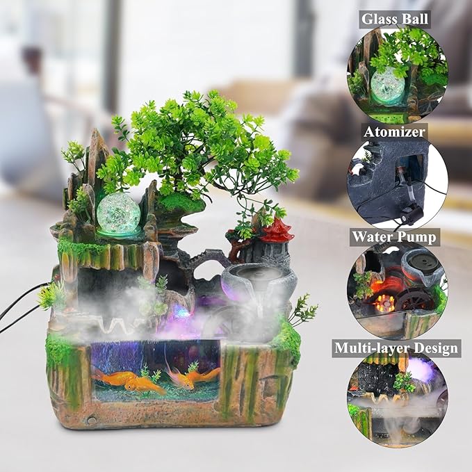 Rockery Fountain Indoor Tabletop Water Fountains Atomizing Humidifier Fountain Desktop Decorations, with LED Light, 110V Waterfall with Rockery Resin Ornament for Home, Office Decoration.