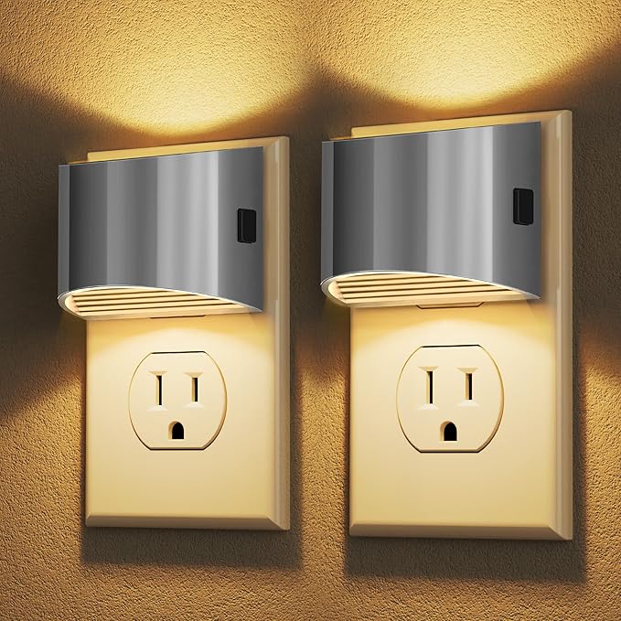 DORESshop LED Night Light[2 Pack], Night Lights Plug into Wall, 3 Level Brightness Adjustable Plug in Night Light, Dusk to Dawn Sensor Nightlights for Adults,Bedroom,Hallway,3000K -Chrome Cover - Bloomnest