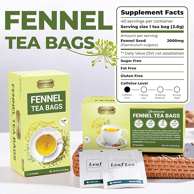 LeafLea 80 Premium Fennel Tea Bags, Pure Dried Fennel Seed Tea, Daily Ease & Balance, Naturally Sweet Taste, Caffeine-Free, Sugar-Free, Non-GMO, Vegan, Individually Wrapped - Bloomnest