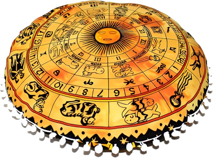 CRAFT KALA Boho Large Floor Pillow Pouf Cover Mandala Meditation Room Pillow Cover for Adults Round Bohemian Seating Pouf Cushion Cover for Kids Playroom 22" Yellow Zodiac - Bloomnest