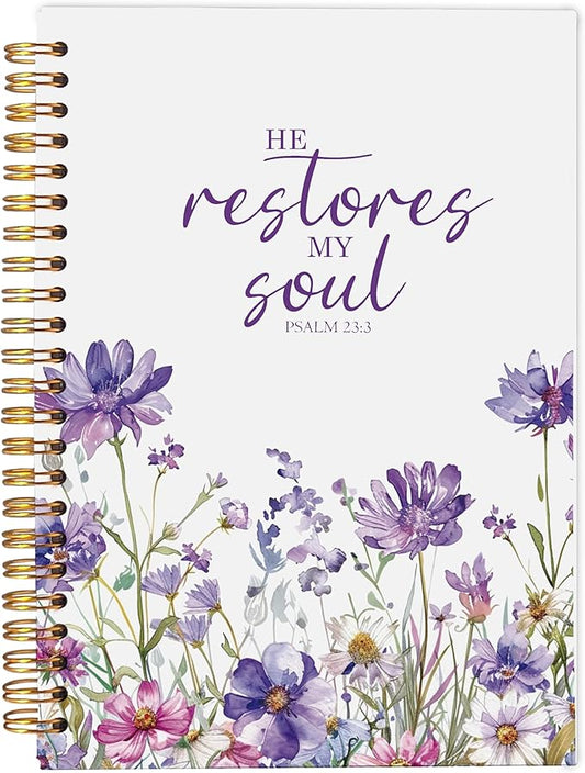 Christian Notebook for Women, Christian Art Gifts Journal, Prayer Journal for Women, Bible Journaling Notebook, PSALM 23:3 He Restores My Soul Floral Spiral Notebook 5.5x8.3 - Bloomnest