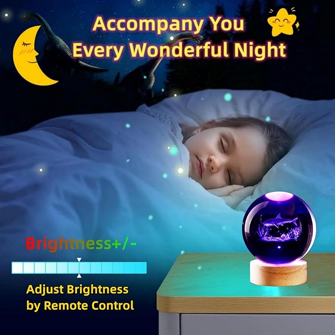Shark Crystal Ball Night Light, 3.15 Inch K9 Crystal Ball with Wooden Base, 16 Colors, Remote Control, Art Deco Decor - Bloomnest