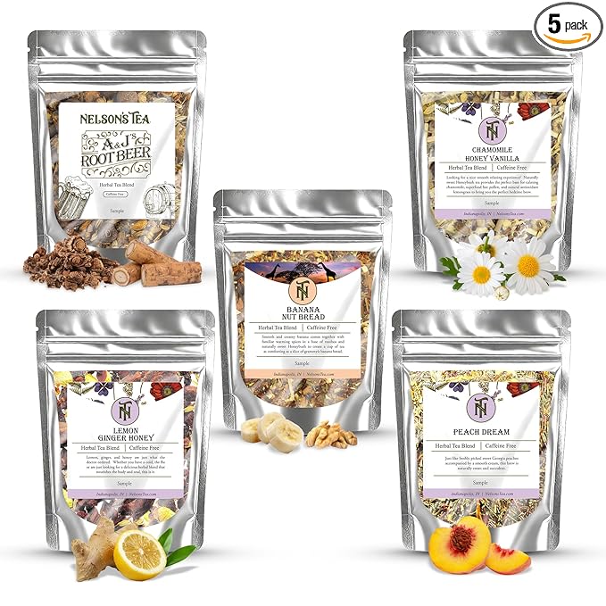 Nelson's Tea Favorites Sampler Pack - Caffeine Free - Loose Leaf Tea Sampler - A&J's Root Beer, Banana Nut Bread, Chamomile Honey Vanilla, Lemon Ginger Honey, Peach Dream - Samples Sizes - Bloomnest