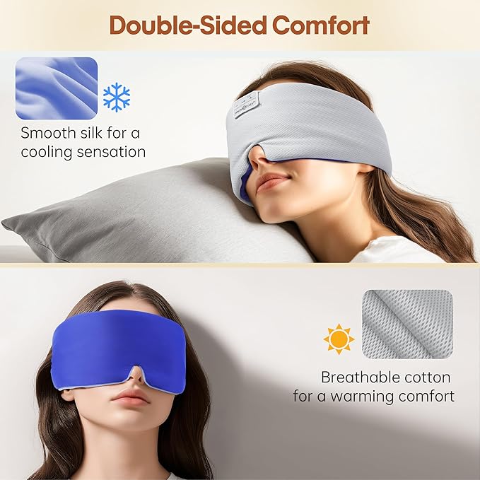 MUSICOZY Ice Silk Sleep Headphones with Bluetooth Mask, Eye Mask for Sleeping in Total Darkness, 5.4 Bluetooth Sleep Mask Sleep Headphones, Soft, Gifts for Men Women (Blue) - Bloomnest