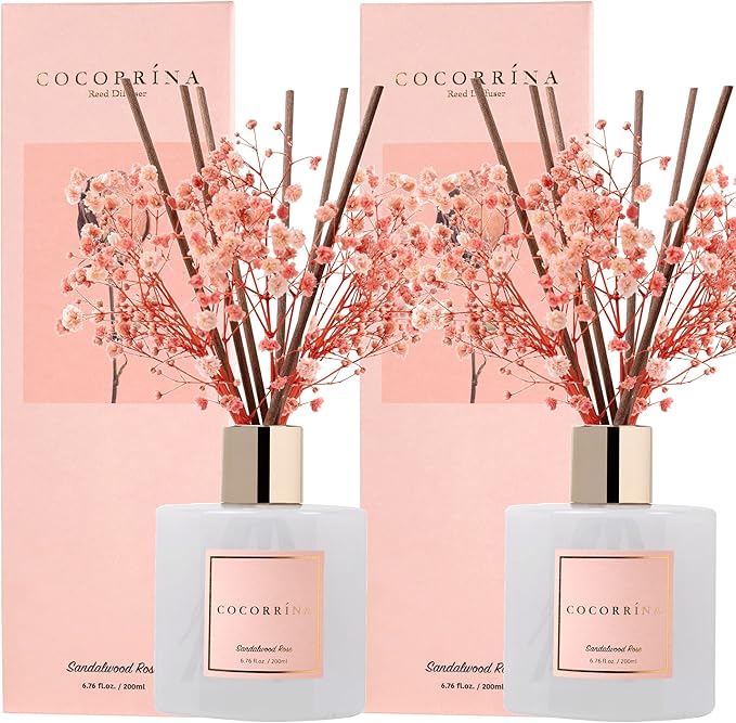 Cocorrína Premium Reed Diffuser Set with Preserved Baby's Breath & Cotton Stick Sandalwood Rose 2 Packs, 6.7oz Scent Fragrance Oil Diffuser for Bedroom Bathroom Home Décor - Bloomnest