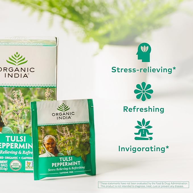 ORGANIC INDIA Tulsi Peppermint Tea - Caffeine Free Herbal Mint Tea - Stress Relieving Holy Basil, Immune & Digestion Support, Vegan, USDA Certified Organic, Fairtrade - 18 Infusion Bags, 3 Pack - Bloomnest