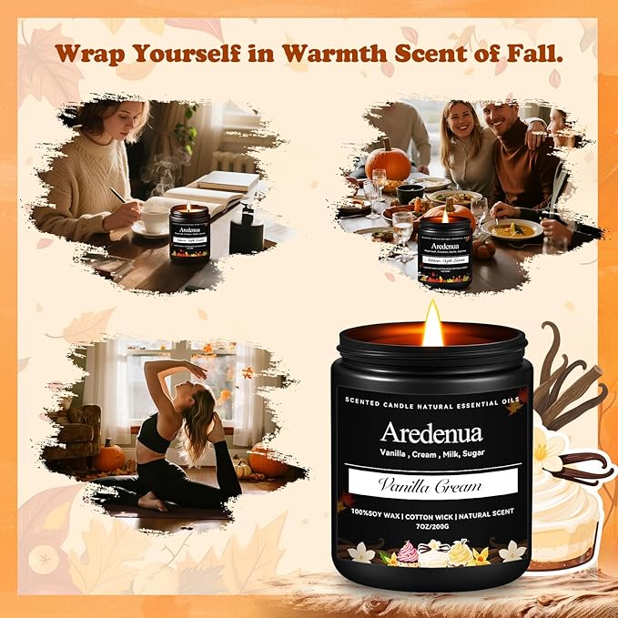Vanilla Cream Candle | Creamy Vanilla Scented Candles for Fall - 7oz Autumn Soy Candles for Home Scented, 50 Hours Burn Time, Fall Gifts for Women Men/Holiday/Harvest/Thanksgiving - Bloomnest
