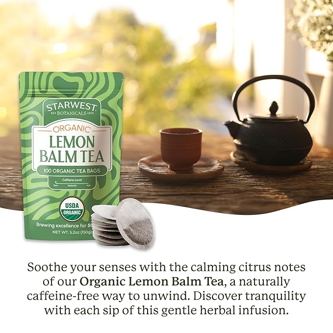 Starwest Botanicals Organic Lemon Balm Leaf Tea - Calming Herbal Tea for Women & Men, Caffeine Free, USDA Organic Lemon Balm Leaf, String Free Sachets, Non GMO - Bulk Pack, 100 Tea Bags - Bloomnest