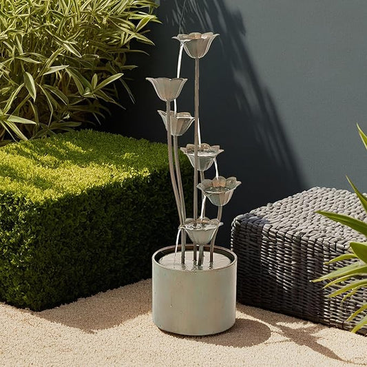 XBrand Freestanding Sculptural Metal Multi-Tiered Flower Water Fountain, No LED Lights, Silver, 35" Tall