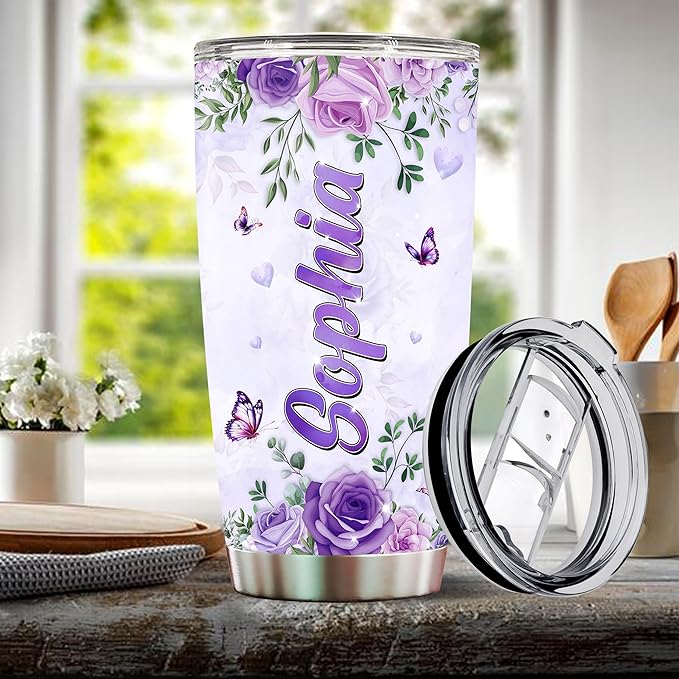 Personalized Purple Butterfly Coffee Mugs For Girls Mom Women Adults Butterflies Lovers Water Bottle Travel Mug Mothers Day Birthday Christmas Valentine 20oz Stainless Steel Cup With Lid - Bloomnest