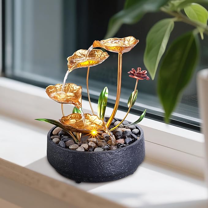 Tabletop Fountain Metal Lotus Circulating Fountain Water Feature for Zen Home Decor Warm Yellow Scene Light(23034) - Bloomnest