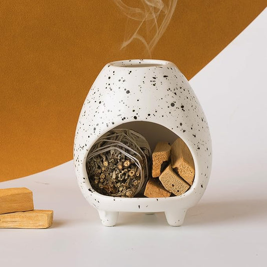 Palo Santo Holder Burner, Handcrafted Ceramic Incense Holder Burner and Ash Catcher for Palo Santo Sticks or sage Bundles, Smudge Bowl, Meditation Home Decor (Speckled White) - Bloomnest