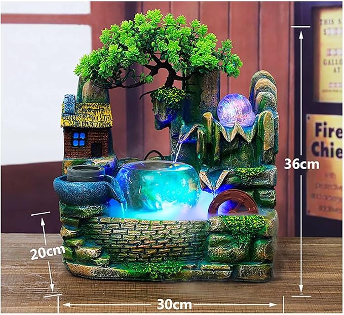 Waterfall Fountain Indoor Mini Waterfall with Led Lights & Atomizer Indoor Fountains and Waterfalls Table Top Water Fountain for Office, Home, Bedroom Desk Decor (Round Bowl Flowing Waters)