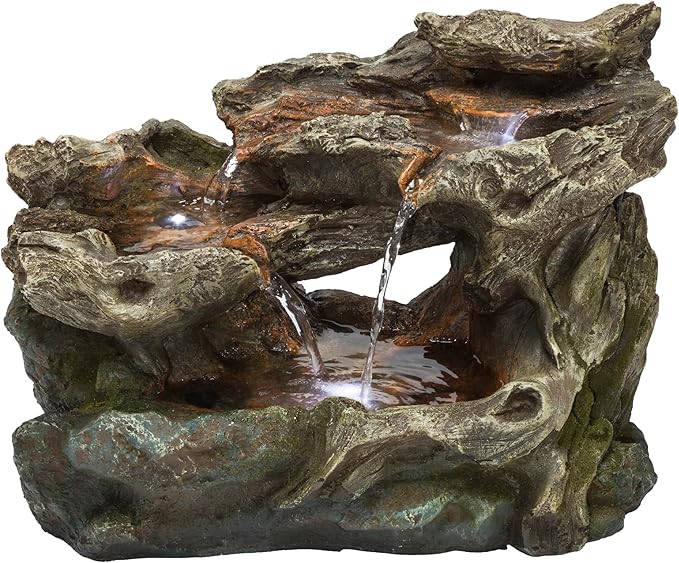 Alpine Corporation WIN1334 10" Tall Tabletop 3-Tier Waterfall Rock Fountain with LED Lights, Indoor Decorative Water Feature for Desk, Table, Office, and Home, Brown - Bloomnest