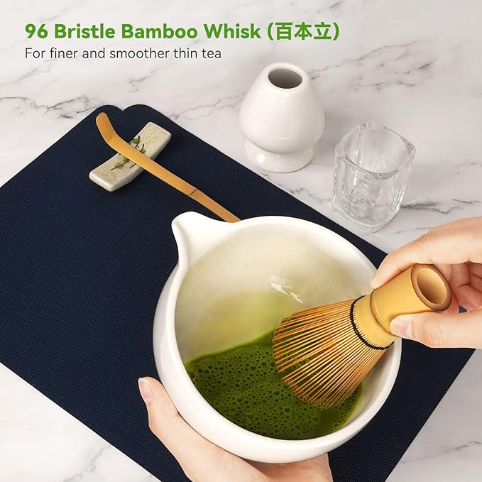 Matcha Whisk Set, Matcha Kit 10-Pcs, Bamboo Whisk and Bowl with Spout & Measuring Spoon & Glass, Japanese Tea Making Tools, White - Bloomnest