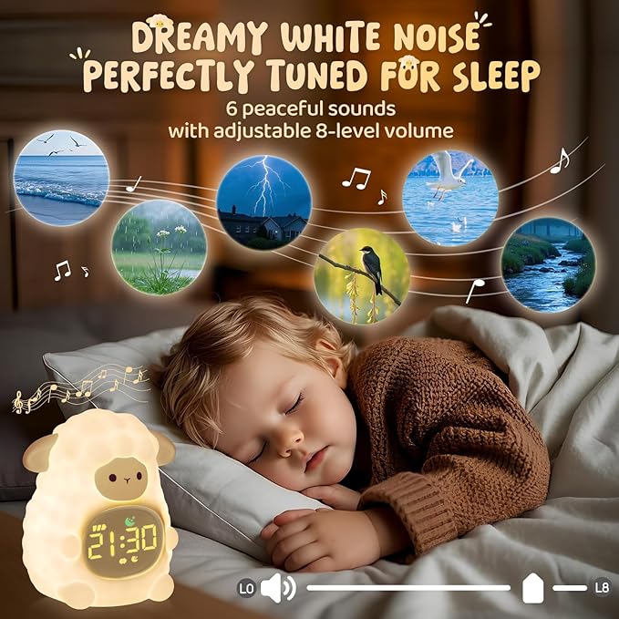 Sheep Alarm Clock with Night Light for Kids with Sleep Training and Sound Machine, Rechargeable Silicone Lamp OK to Wake Clock，Cute Animal Tabletop Lamp, Perfect Sleep Companion for Boys Girls, Khaki - Bloomnest