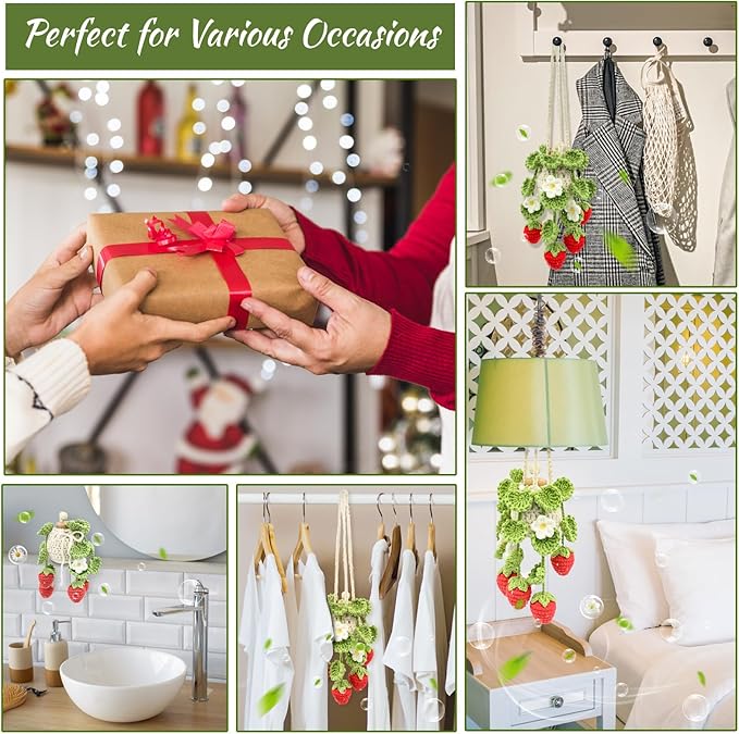 Crochet Car Air Freshener, 15ml Empty Refillable Oil Diffuser Bottle with Hanging Crochet Strawberry Plant for Car Rearview Mirror Air Freshener Diffuser for Home, and Office Decor - Bloomnest