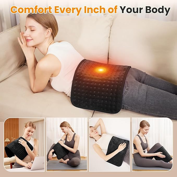 Electric Heating Pad for Back Pain Relief & Cramps - 6 Heat Settings,Auto Shut Off,Moist Heat Options,Portable Heated Pads for Neck/Shoulder Machine Washable Gift for Men Women,Black,12"x24" - Bloomnest