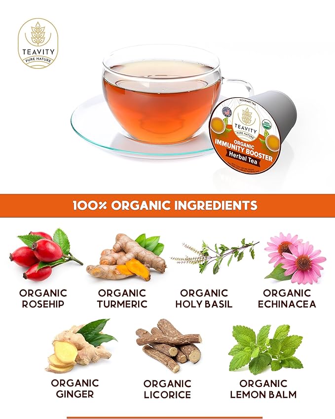 Organic Ginger Tea Pod with Echinacea, Turmeric, and Licorice for Keurig, Decaf by Teavity (36 Tea Pods) - Bloomnest