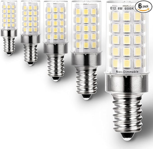 E12 Led Candelabra Chandelier Bulbs 6W 6000k Daylight White, Kx-2000 60W E12 C7 Halogen Replacement,T6 Small Base 120V E12 LED Light Bulbs Cool White for Ceiling Fan Salt Lamp,550 lm(5Pack) - Bloomnest