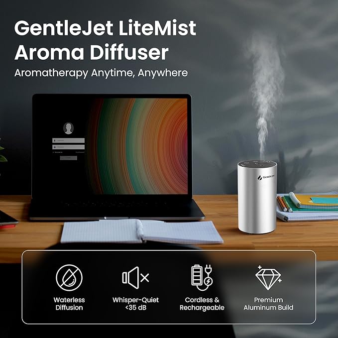 LiteMist Cold Air Essential Oil Diffuser – Waterless Nebulizing Aroma Diffuser, USB-C Cordless 2000mAh Battery, Aluminum Portable Scent Diffuser for Home Office Car, 0.7oz / 20ml - Bloomnest