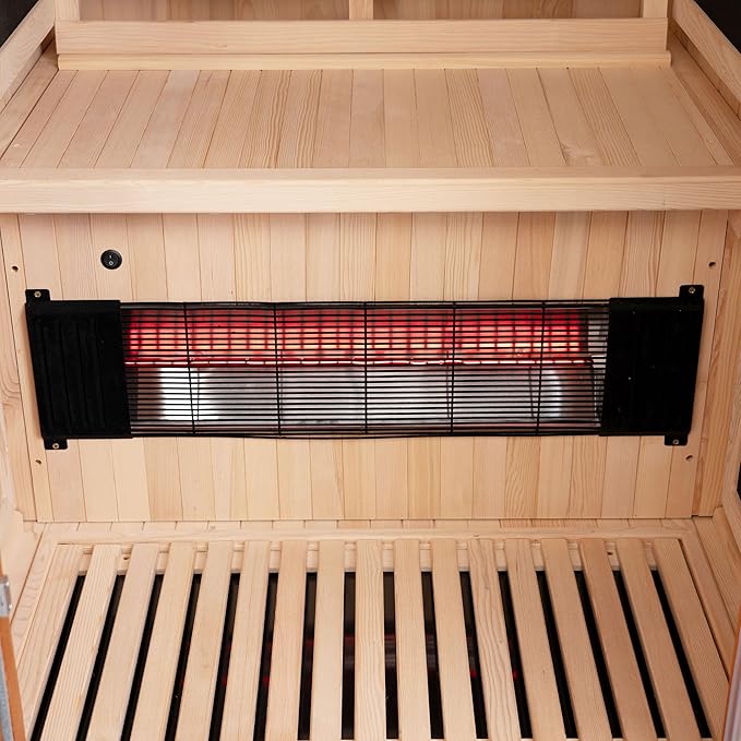 Woodbridge Infrared Home Sauna Room 1 Person Japanese Cedar Indoor Sauna with 7 Carbon Heaters, Red Light Therapy, Bluetooth Speaker, Intelligent Control Panel, Tempered Glass & Top Vent WOODBRIDGE