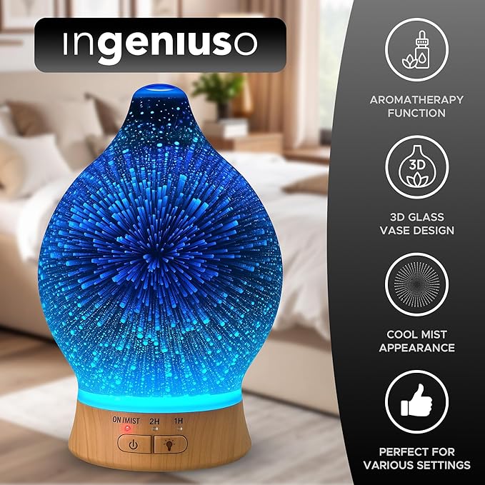 Aromatherapy Essential Oil Diffuser for Therapeutic Oils, w/ 3D Glass Vase | Cool Mist Difusor for Bedroom | LED Color Light Display & Auto Shut-Off | Humidifier, Fragrance Machine for Home & Dorm Use Bloomnest