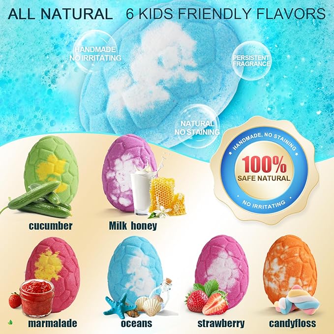 Bath Bombs for Kids with Surprise Inside, 6 Pack Dinosaur Toys Toddler Bath Bombs Gift, Organic Bubble Bath Fizzies, Dinosaur Egg, Stocking Stuffers for Kids, Christmas Gifts for Kid 3-12 - Bloomnest