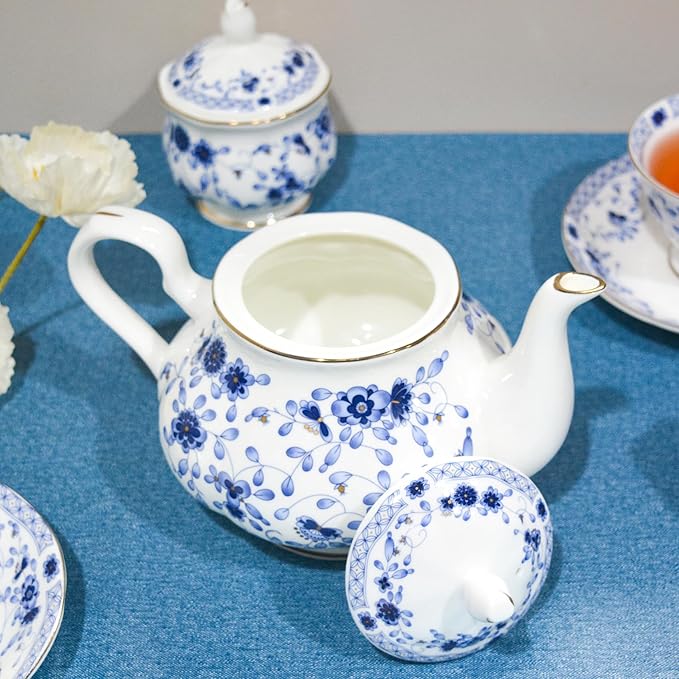 Bone China Tea Set, 21-Pieces Porcelain Tea Set for Adults, Tea Cups And Saucers for 6, with Teapot, Spoons, Sugar Bowl, Creamer Pitcher, Vintage Tea Set for Women Tea Party (Blue) - Bloomnest