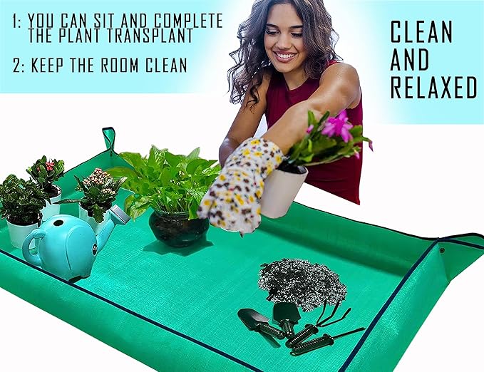 BIUWING Extra Large Plant Repotting Mat,Thickened Waterproof for Indoor Plant Transplanting and Mess Control,Foldable Succulent Portable Gardening Mat (43'*30',Green) - Bloomnest