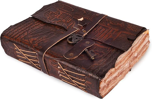 LEATHER VILLAGE Genuine Leather Handmade Journal for Men & Women – Vitruvian Man Embossed Cover – Key Closure – Book of Shadow – Vintage Deckle Edge Paper for Writing, Drawing – 7x5 Inches – Brown - Bloomnest