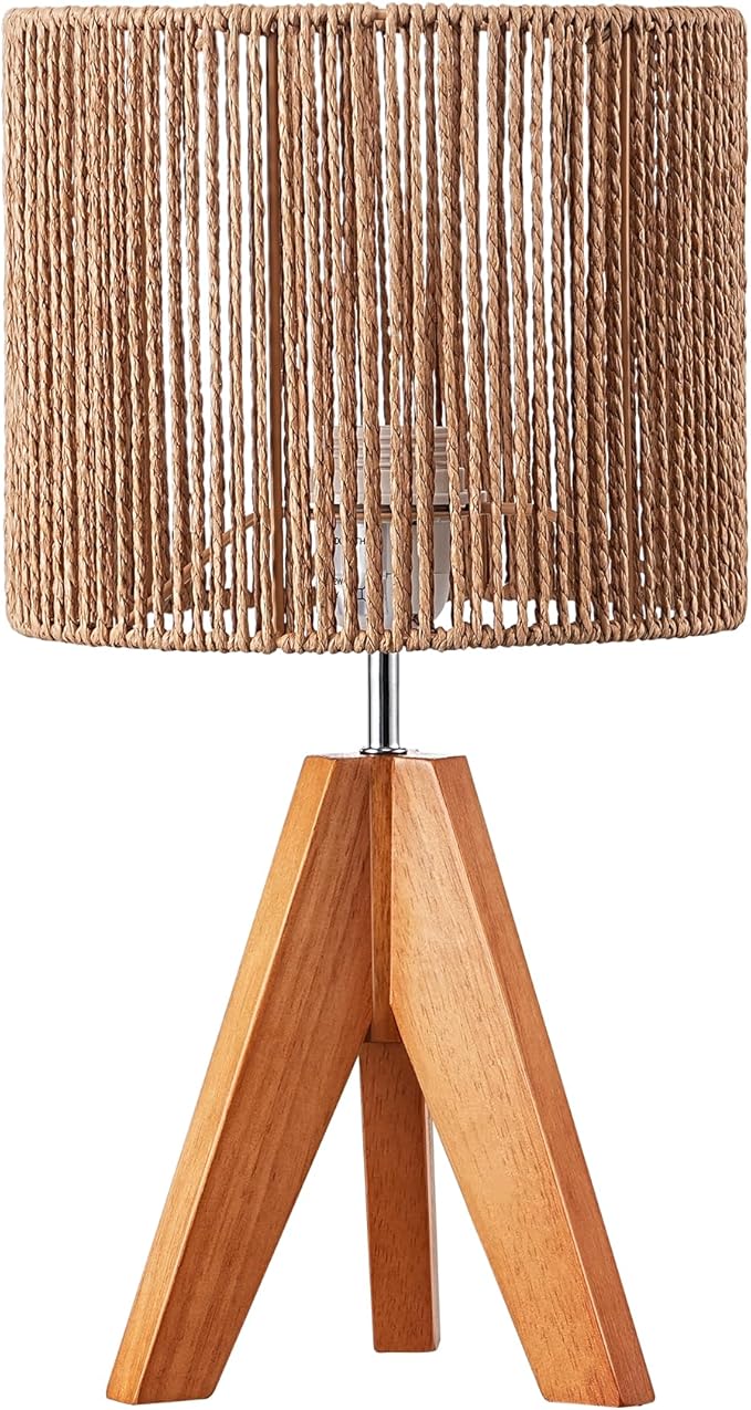 EDISHINE Small Rattan Table Lamp, Wood Tripod Bedside Lamp, Boho Nightstand Lamp for Living Room, End Table, Office, E26 Base, Natural Style - Bloomnest