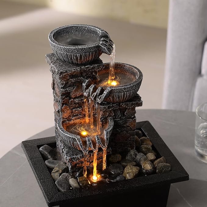 Kalona Tabletop Fountain 3 Bowls with LED Light Soothing Water Flowing Sound Fountain Zen/Meditation Home/Office Decor Home Décor Relaxation Indoor (23113) - Bloomnest