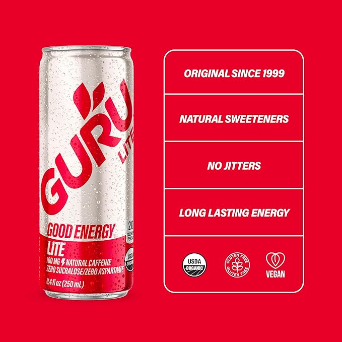 GURU Lite Organic Energy Drinks, Clean Energy Drink with Plant Based Natural Caffeine from Green Tea, Low Calorie, Gluten Free and Vegan, 100MG Caffeine, Healthy Drinks, 8.4oz (Pack of 24) - Bloomnest