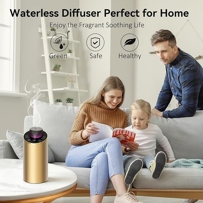 Waterless Essential Oil Diffuser Aromatherapy Scent Diffusers for Home Large Room, Bedroom, Car, Office, Desk, Battery Operated Mini Portable Air Freshener, 3 Countdown Timers & 3 Mist Levels, Gold - Bloomnest