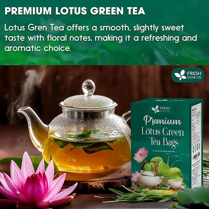 FreshDrinkUS, Premium 20 Tea Bags of Lotus Green Tea, 100% Natural. Exquisite Flavor, Handpicked Leaves, Perfect for Tea Lovers. No Sugar, No Gluten, Vegan. - Bloomnest