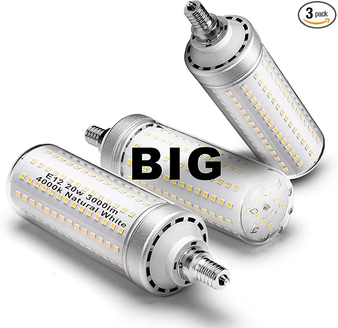 Big1.77x 6.1 inch, E12 200 Watt Equivalent LED Candelabra Bulbs C7,4000K Natural White, 3000 LM T6 E12 20W LED Chandelier Light Bulbs for Ceiling Fan Pendant Lighting Floor Lamp,Non-dimmable, 3 Pack - Bloomnest
