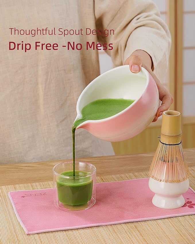 ZENS Pink Matcha Set, 6pcs Matcha Kit Includes Ceramic Bowl, Handcrafted Bamboo Whisk and Chasen Holder, Scoop, 304 Sifter & Tea Mat, Matcha Whisk Set Gift for Matcha Lovers - Bloomnest
