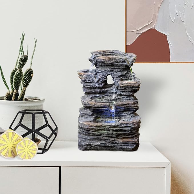 Ferrisland 5-Tier Cascading Tabletop Fountain with LED Lights - Indoor Water Fountain Decor Tabletop Small Relaxation Waterfall Feature Dark Gray - Bloomnest