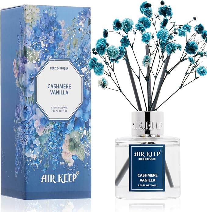 Airkeep Reed Diffuser Set,1.69 fl oz (50 ml) - Cashmere Vanilla Oil Diffusers with 8 Reed Sticks,Home Fragrance Reed Diffuser for Bathroom Shelf Decor - Bloomnest