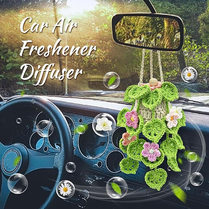 Crochet Car Air Freshener, 15ml Empty Refillable Oil Diffuser Bottle with Hanging Crochet Flowers Plant for Car Rearview Mirror Decor Air Freshener Diffuser for Home, and Office Decor(Flowers) - Bloomnest