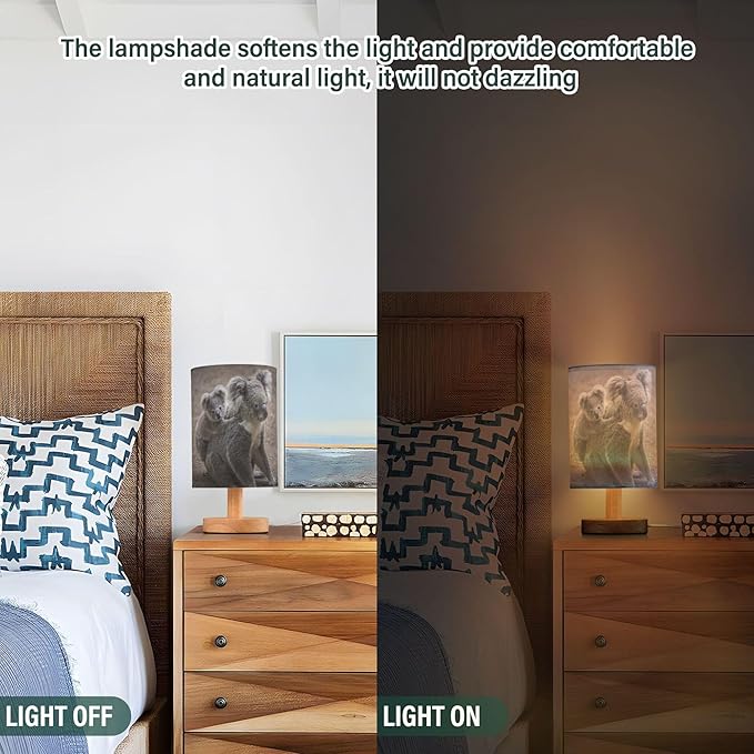 Table Lamp Cute Koala Bear and Mom Nightstand Lamp with Wood Base Fabric Lamp Shade Bedside Desk Lamp for Living Room Bedroom Kids Room Office - Bloomnest