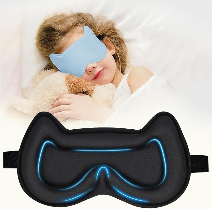 Kids Sleep Mask: 3D Contoured Cup Eye Mask, Blindfold with Adjustable Strap, Kids Eye Cover for Boys, Girls, Teens, Pressure-Free with Memory Foam Face Mask (Blue) - Bloomnest
