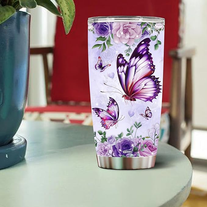 Personalized Purple Butterfly Coffee Mugs For Girls Mom Women Adults Butterflies Lovers Water Bottle Travel Mug Mothers Day Birthday Christmas Valentine 20oz Stainless Steel Cup With Lid - Bloomnest