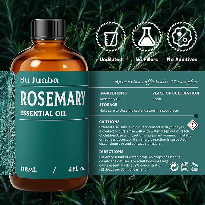 SU JUABA 4 Fl Oz Rosemary Essential Oil, 100% Pure Natural Aromatherapy Oil for Hair Growth, Skin, Nourish Scalp - 118ML Bloomnest