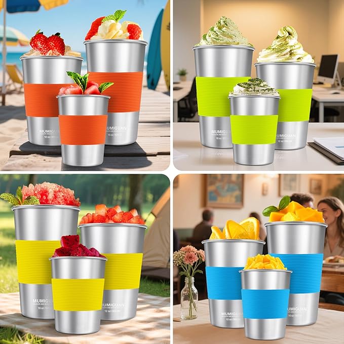 Stainless Steel Cups for Kids with Silicone Sleeves 7.8oz/230ml (4 Pack), Stainless Steel Tumbler, Kids Cups, Camping Stainless Steel Cups, Stackable Durable Metal Drinking Glasses, BPA Free - Bloomnest