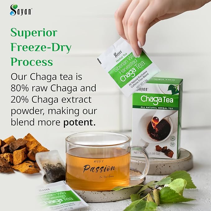 Sayan Siberian Chaga Mushroom Tea 1.05 Oz / 30g – 20 Unbleached Bags, Wild Harvested Organic Antioxidant No Caffeine. Raw and Extract Blend. Immune, Digestion Support. Detox, Focus Energy Boost - Bloomnest