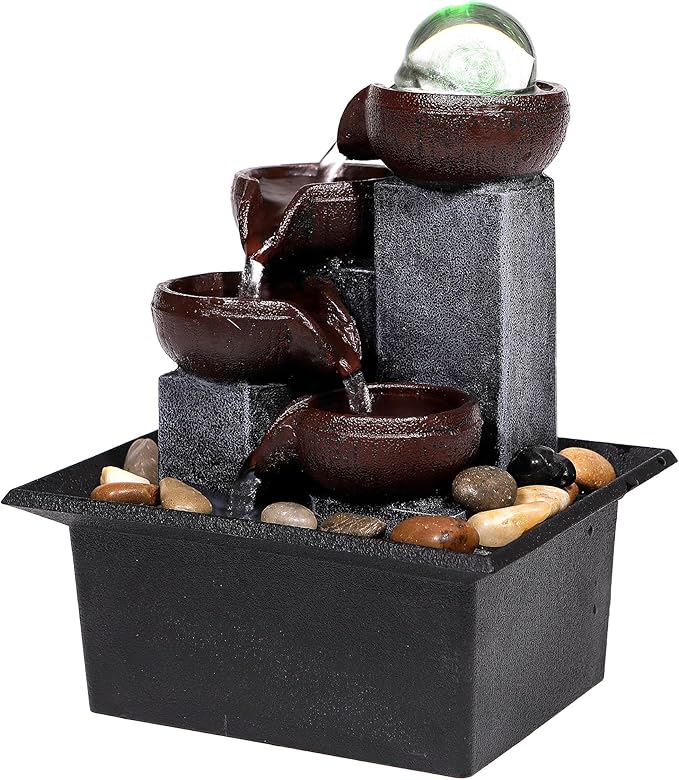 Water Fountains Indoor-Waterfall-Tabletop Fountain-Desk Fountain with Rainbow Colors LED Lighting from Spinning Crystal Ball-Relaxing Waterfall n River Rocks for Natural Feng Shui Effect - Bloomnest